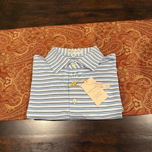 Peter Millar Men's Medium White & Blue Striped Performance Jersey Polo MSRP $105